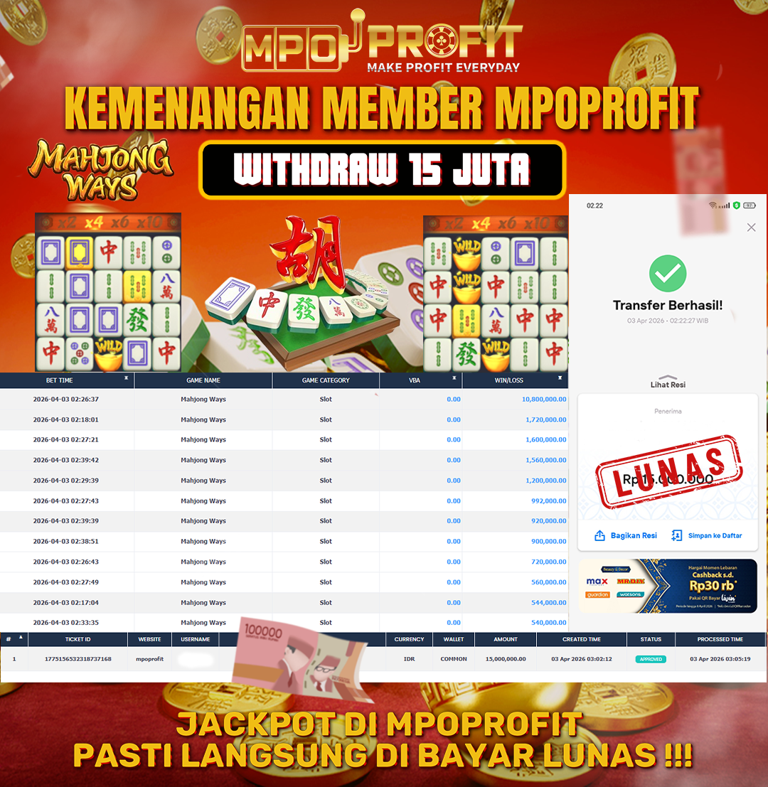 MPOPROFIT JACKPOT SLOT PGSOFT! KEMENANGAN MURNI DI (MAHJONG WAYS TOTAL RP 15.000.000,- LUNAS)